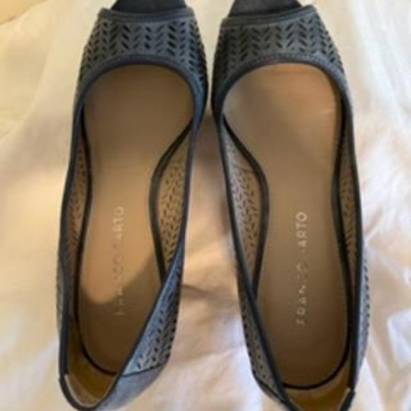 Franco Sarto Denim blue leather open toe pump with wooden wedge 6.5M - Picture 4 of 5